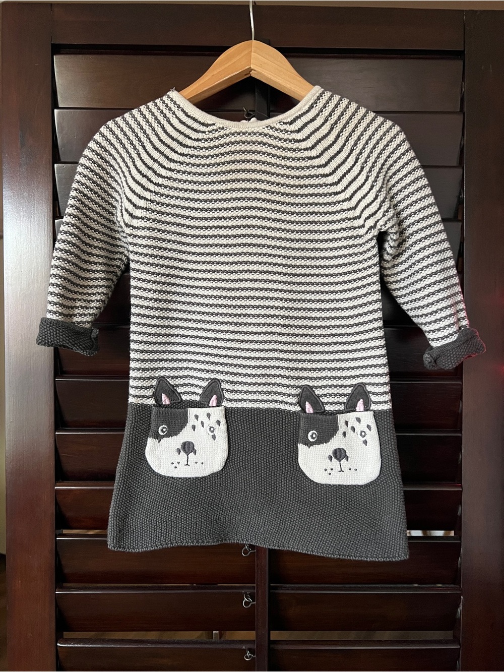 Gray & White Striped Knit Kids Dress with Puppy Pocket Detail